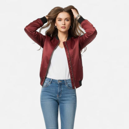 Women’s Minimalist Zip-Front Bomber Jacket with Round Neck