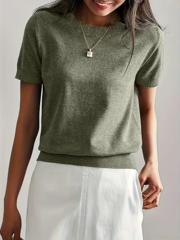 Women’s Lightweight Short-Sleeve Crew Neck Knit Top with Ribbed Trim