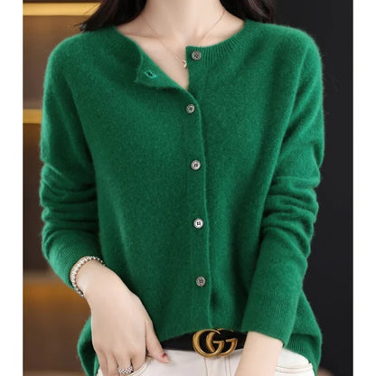 Women’s Merino Wool Cashmere Blend O-Neck Button Cardigan