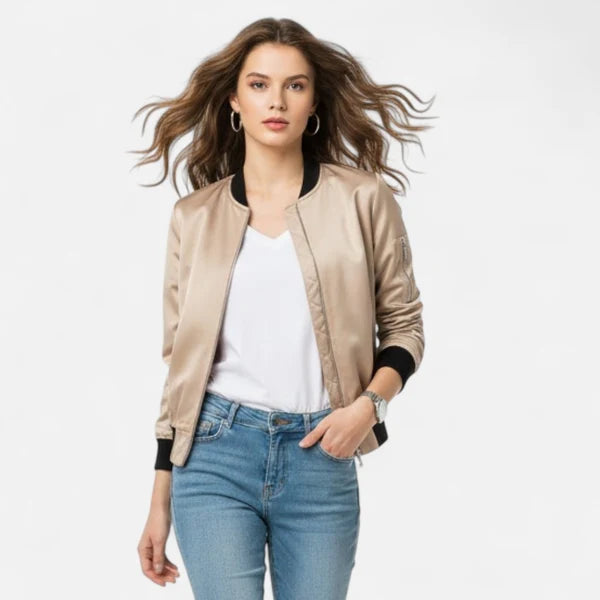 Women’s Minimalist Zip-Front Bomber Jacket with Round Neck