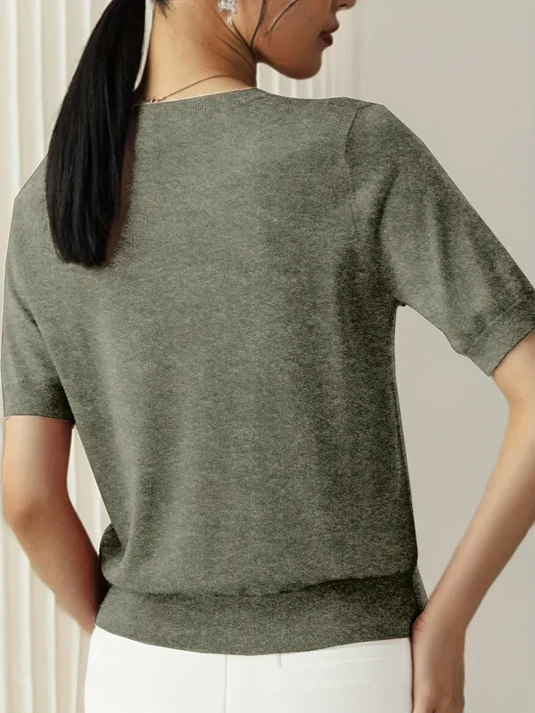 Women’s Lightweight Short-Sleeve Crew Neck Knit Top with Ribbed Trim
