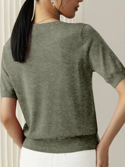 Women’s Lightweight Short-Sleeve Crew Neck Knit Top with Ribbed Trim