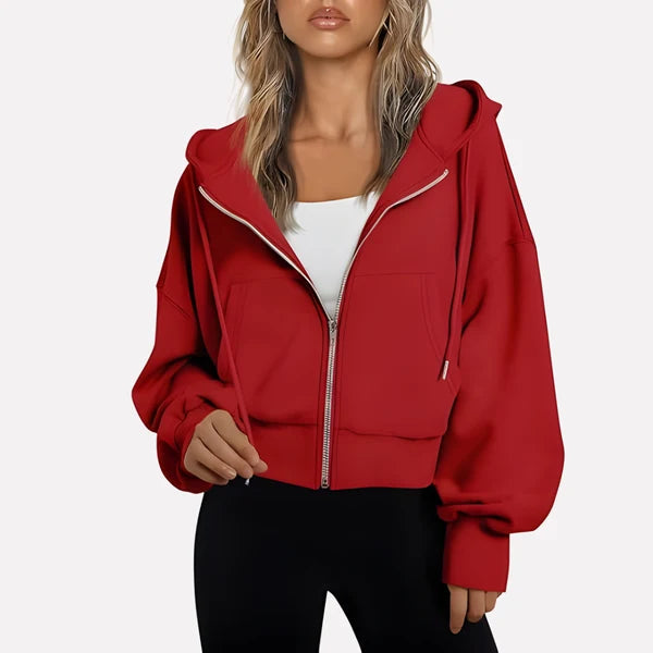 Women’s Cropped Zip-Up Hooded Jacket with Drawstring Detail