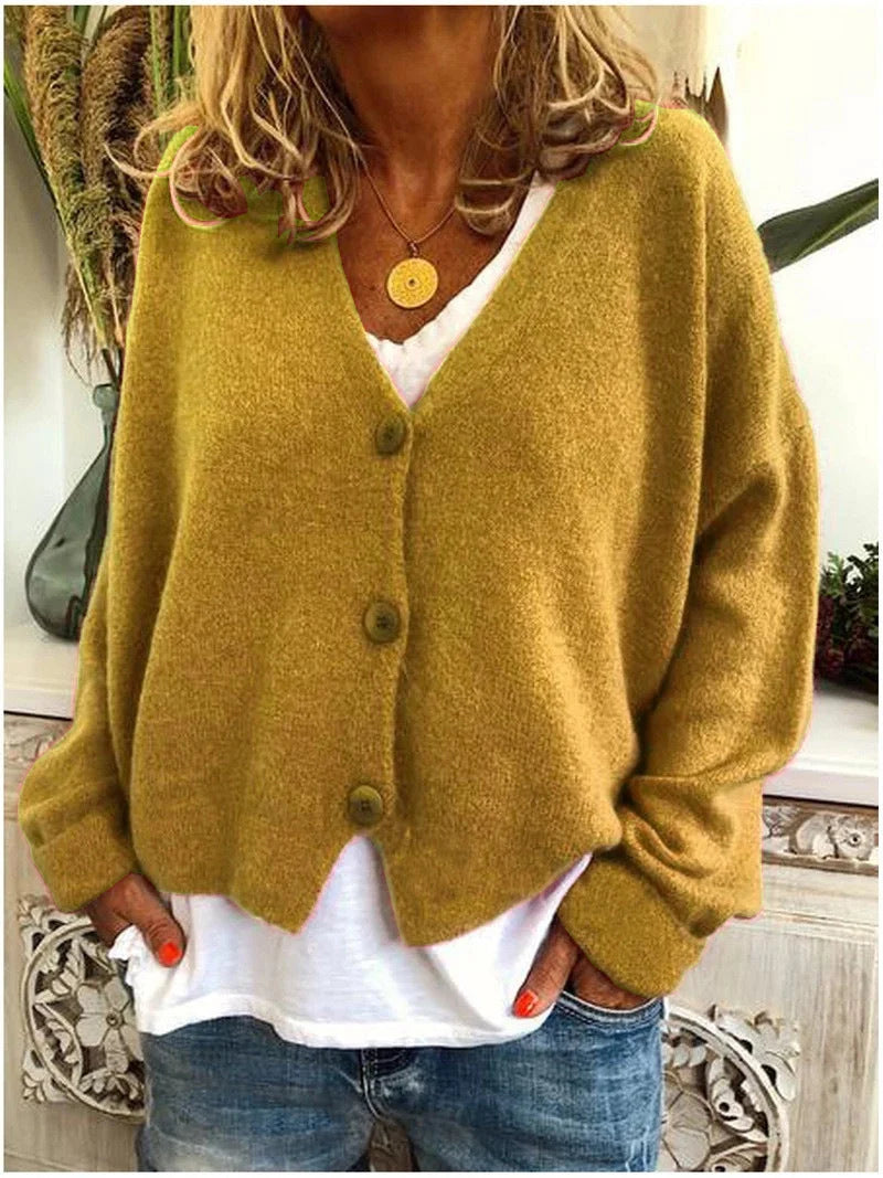 Women’s Cropped V-Neck Smooth Knit Button Cardigan