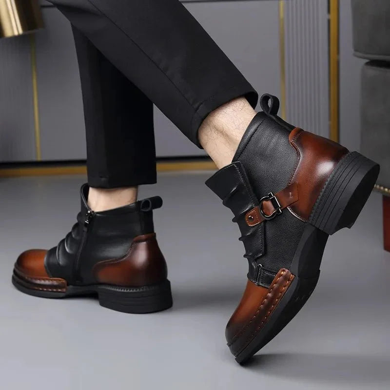 Men’s Leather Ankle Boots with Layered Fold and Buckle Detail