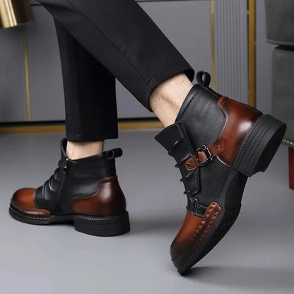 Men’s Leather Ankle Boots with Layered Fold and Buckle Detail