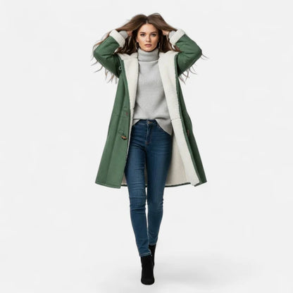 Women’s Hooded Winter Coat with Tailored Button Front and Pockets