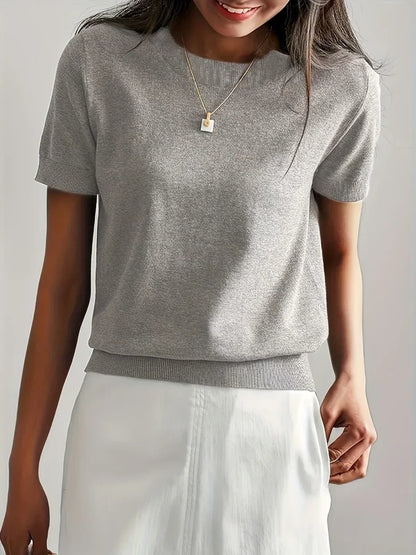 Women’s Lightweight Short-Sleeve Crew Neck Knit Top with Ribbed Trim