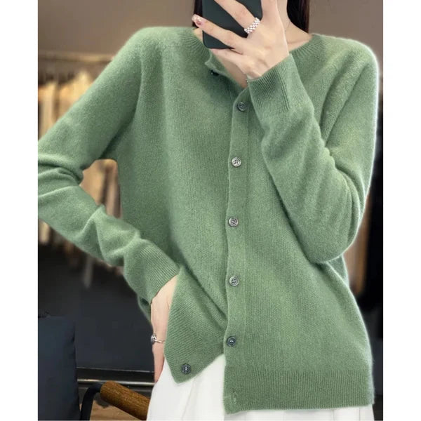 Women’s Merino Wool Cashmere Blend O-Neck Button Cardigan