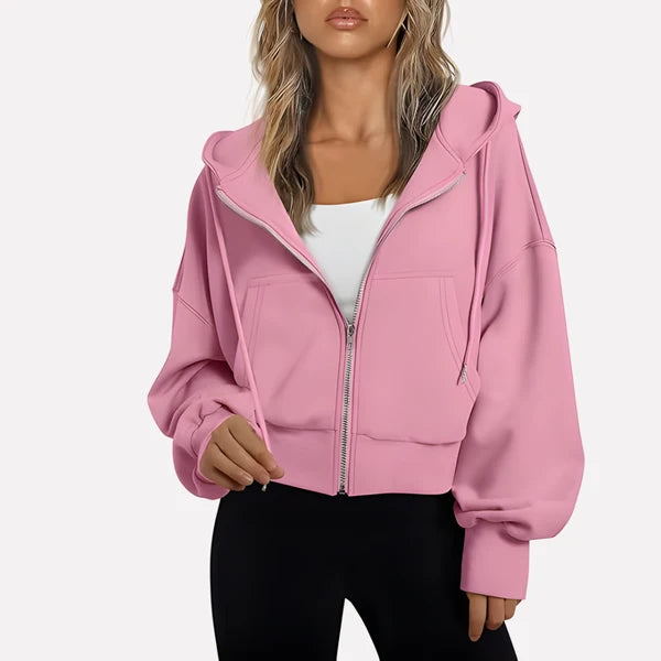 Women’s Cropped Zip-Up Hooded Jacket with Drawstring Detail