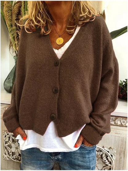 Women’s Cropped V-Neck Smooth Knit Button Cardigan