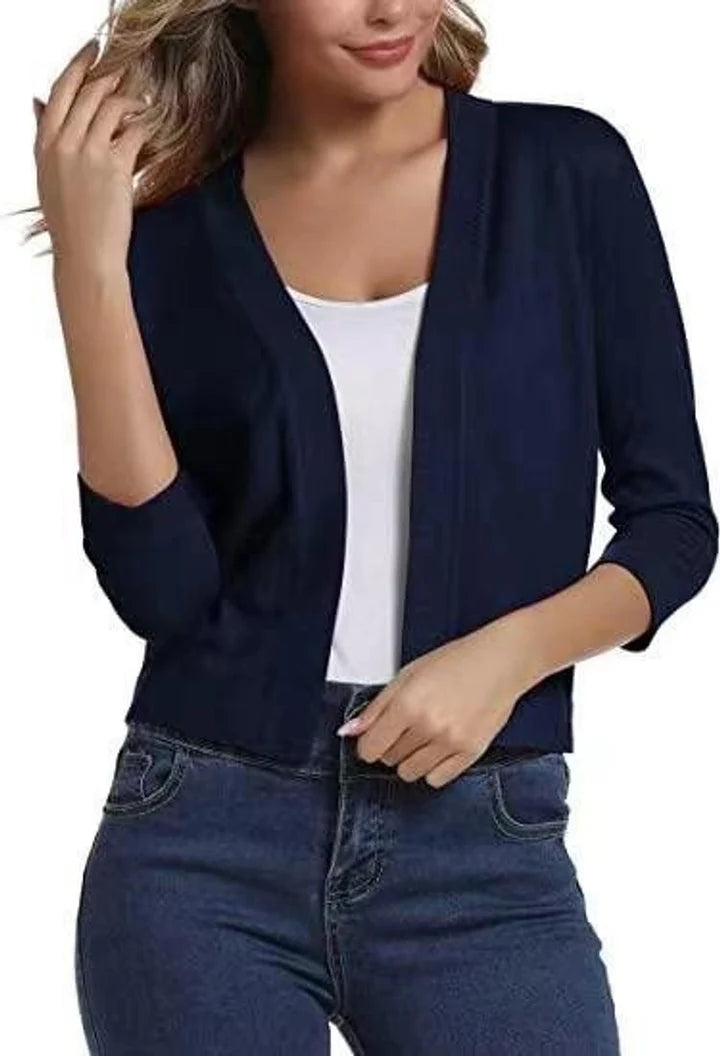 Women’s Cropped Open-Front Cardigan with Relaxed Fit and 3/4 Sleeves