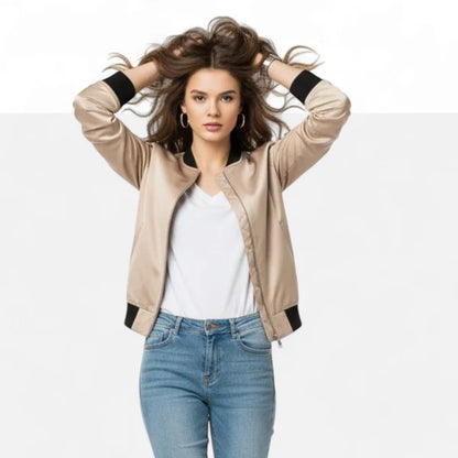 Women’s Minimalist Zip-Front Bomber Jacket with Round Neck