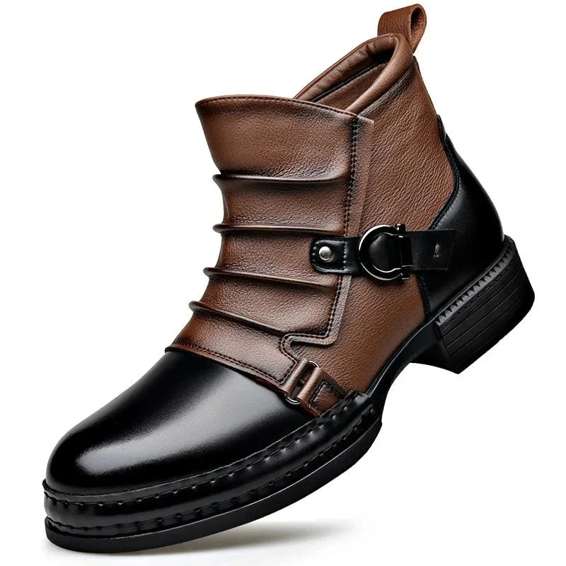 Men’s Leather Ankle Boots with Layered Fold and Buckle Detail
