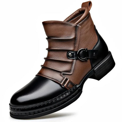 Men’s Leather Ankle Boots with Layered Fold and Buckle Detail
