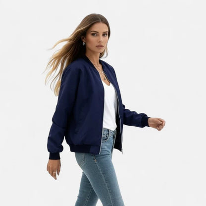 Women’s Minimalist Zip-Front Bomber Jacket with Round Neck