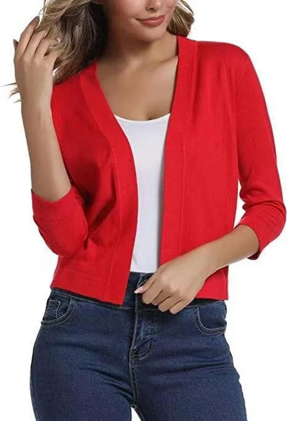 Women’s Cropped Open-Front Cardigan with Relaxed Fit and 3/4 Sleeves