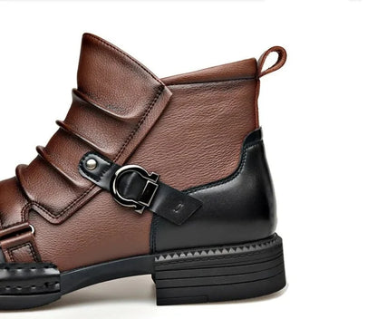 Men’s Leather Ankle Boots with Layered Fold and Buckle Detail