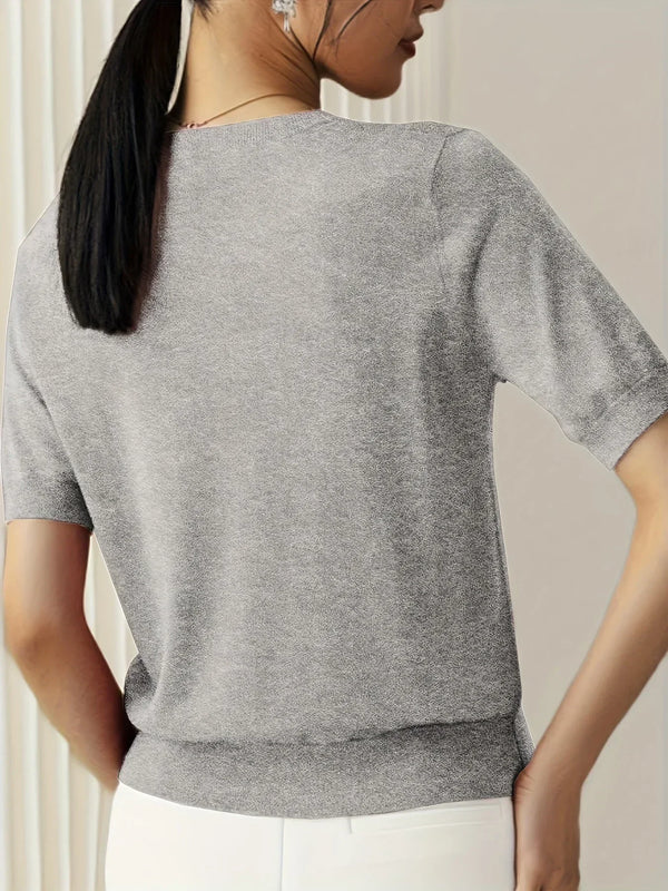 Women’s Lightweight Short-Sleeve Crew Neck Knit Top with Ribbed Trim
