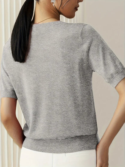 Women’s Lightweight Short-Sleeve Crew Neck Knit Top with Ribbed Trim