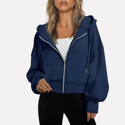 Women’s Cropped Zip-Up Hooded Jacket with Drawstring Detail