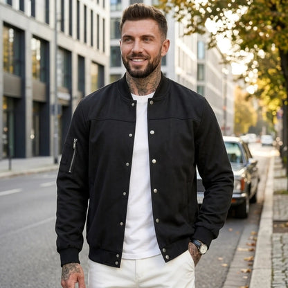 Men’s Suede-Texture Stand Collar Button-Up Jacket