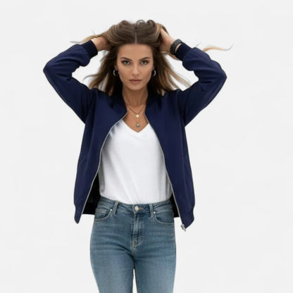 Women’s Minimalist Zip-Front Bomber Jacket with Round Neck