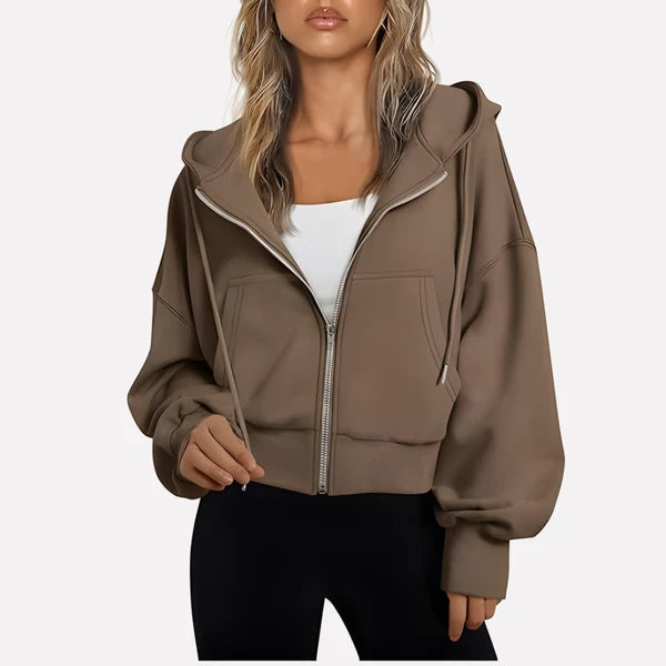 Women’s Cropped Zip-Up Hooded Jacket with Drawstring Detail