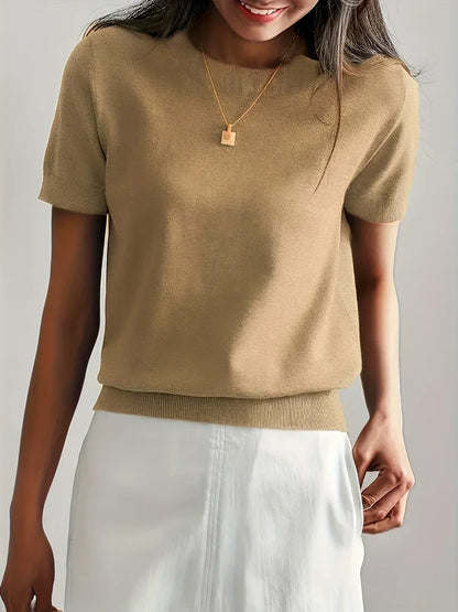 Women’s Lightweight Short-Sleeve Crew Neck Knit Top with Ribbed Trim