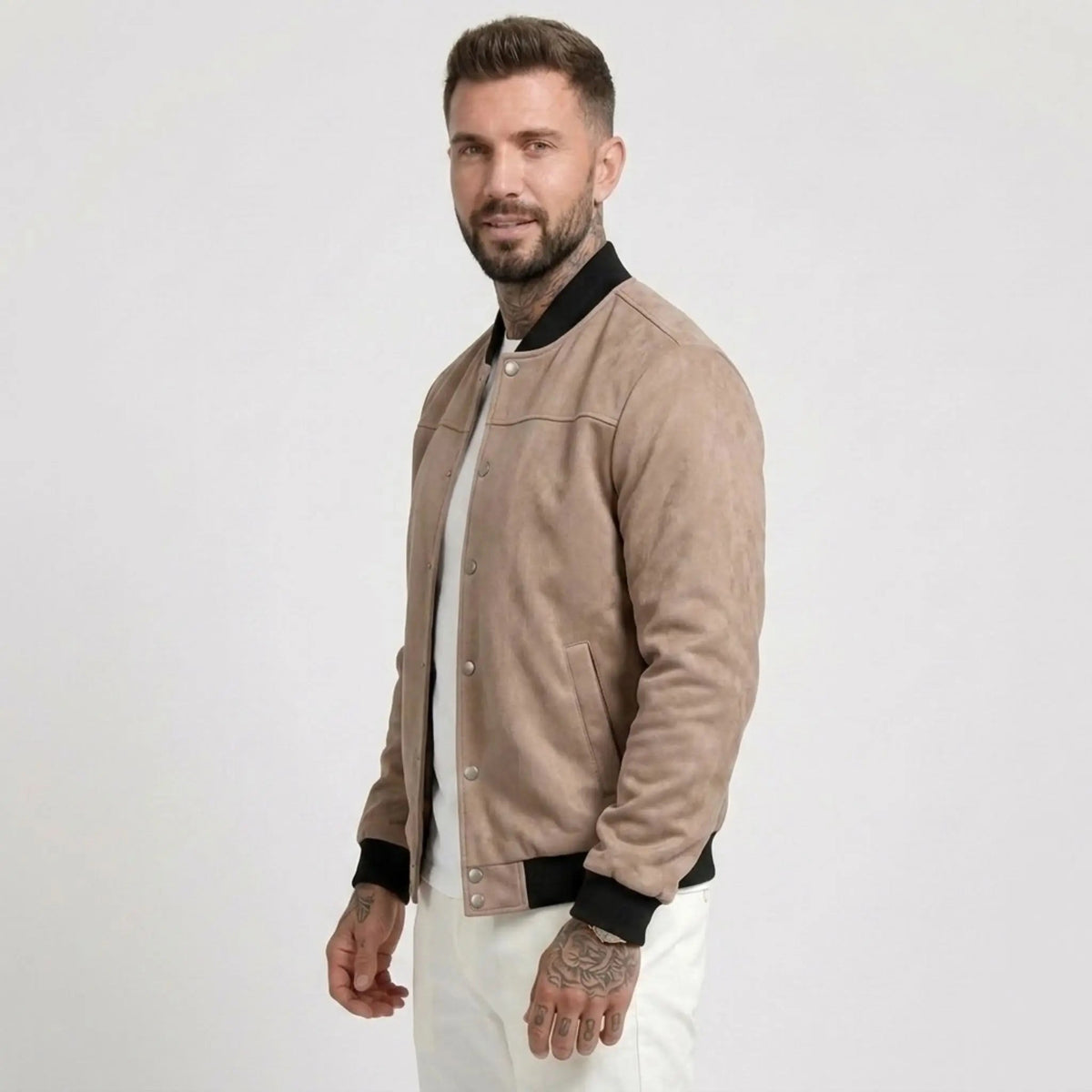 Men’s Suede-Texture Stand Collar Button-Up Jacket