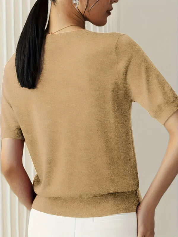 Women’s Lightweight Short-Sleeve Crew Neck Knit Top with Ribbed Trim