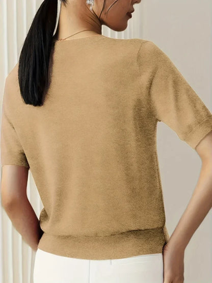 Women’s Lightweight Short-Sleeve Crew Neck Knit Top with Ribbed Trim