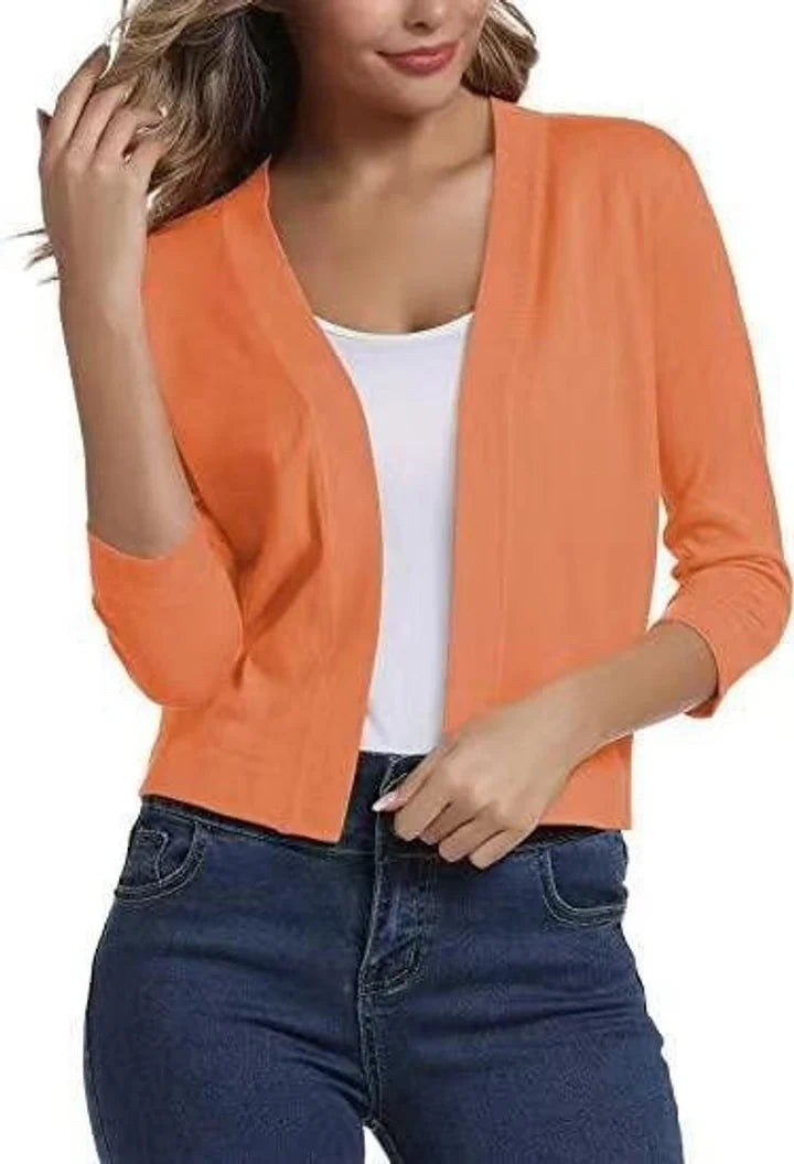 Women’s Cropped Open-Front Cardigan with Relaxed Fit and 3/4 Sleeves