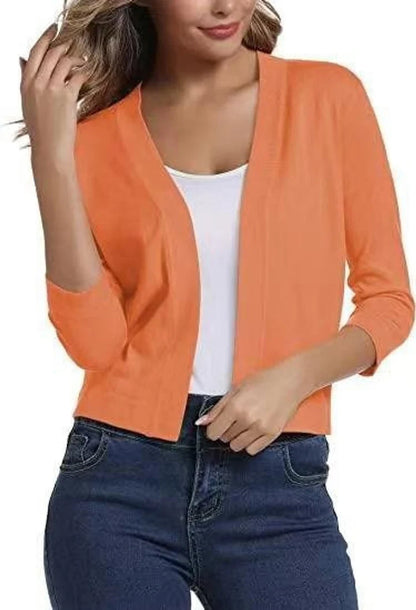 Women’s Cropped Open-Front Cardigan with Relaxed Fit and 3/4 Sleeves