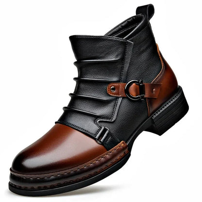 Men’s Leather Ankle Boots with Layered Fold and Buckle Detail