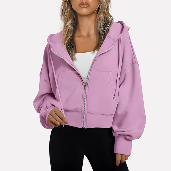 Women’s Cropped Zip-Up Hooded Jacket with Drawstring Detail