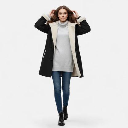 Women’s Hooded Winter Coat with Tailored Button Front and Pockets