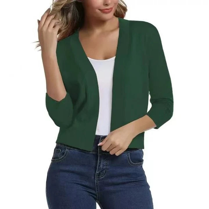 Women’s Cropped Open-Front Cardigan with Relaxed Fit and 3/4 Sleeves