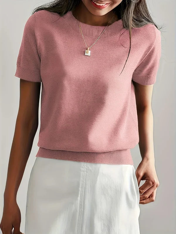 Women’s Lightweight Short-Sleeve Crew Neck Knit Top with Ribbed Trim