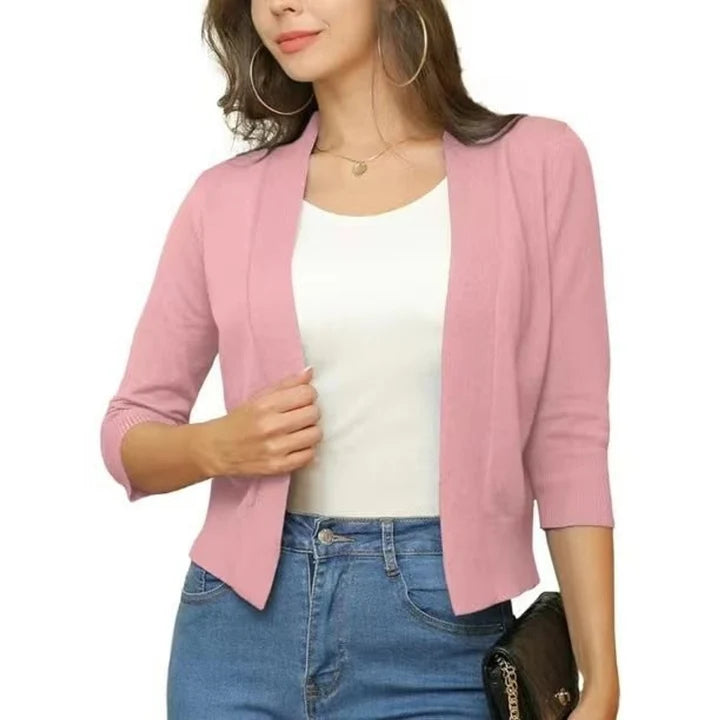 Women’s Cropped Open-Front Cardigan with Relaxed Fit and 3/4 Sleeves
