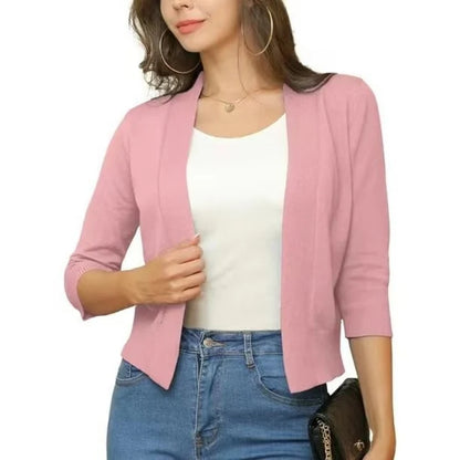 Women’s Cropped Open-Front Cardigan with Relaxed Fit and 3/4 Sleeves