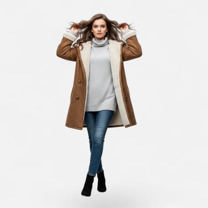 Women’s Hooded Winter Coat with Tailored Button Front and Pockets