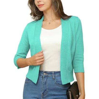 Women’s Cropped Open-Front Cardigan with Relaxed Fit and 3/4 Sleeves