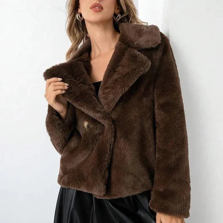 Women’s Plush Faux-Fur Double-Breasted Lapel Jacket
