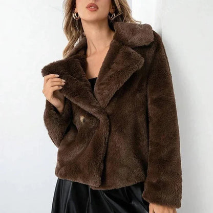 Women’s Plush Faux-Fur Double-Breasted Lapel Jacket