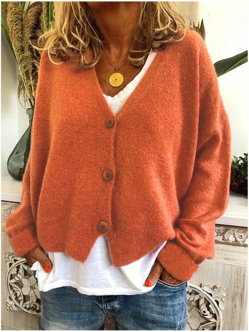Women’s Cropped V-Neck Smooth Knit Button Cardigan