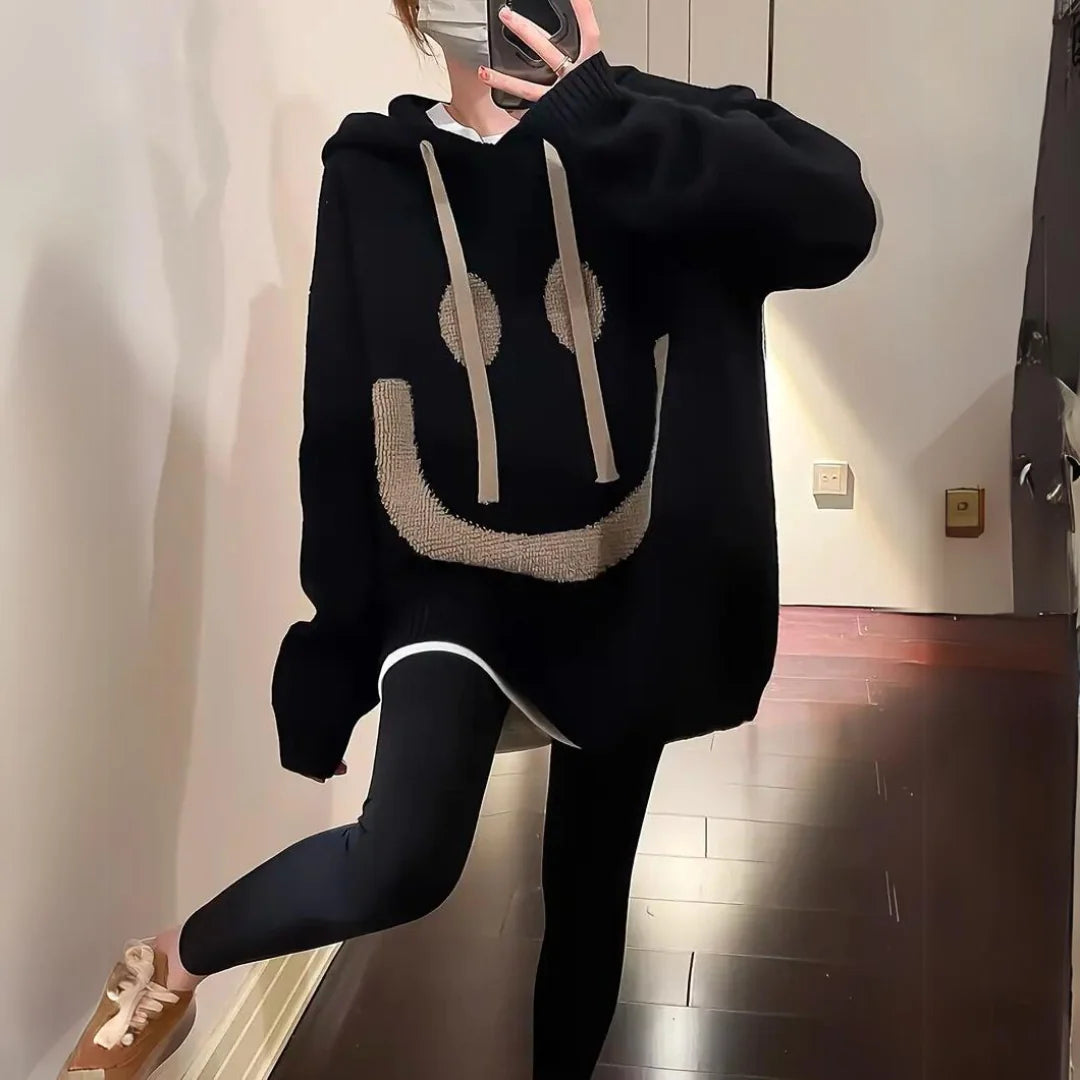 Women’s Oversized Smiley Graphic Hooded Knit Pullover with Kangaroo Pocket