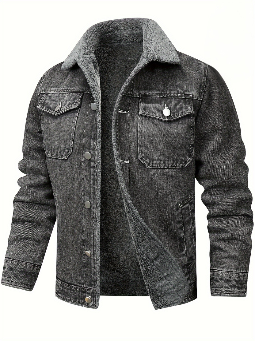 Men’s Fleece-Lined Washed Denim Jacket with Lapel Collar