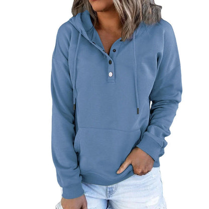 Women’s Relaxed Button-Placket Hooded Pullover with Kangaroo Pocket