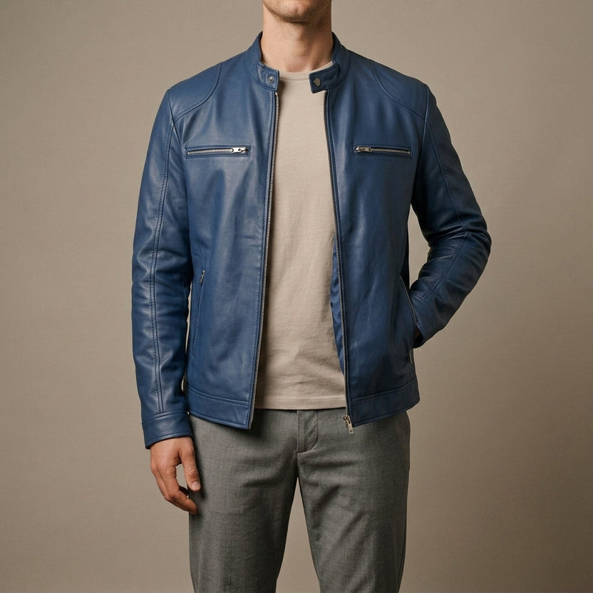 Men’s Stand-Collar Leather Moto Jacket with Zip Pockets